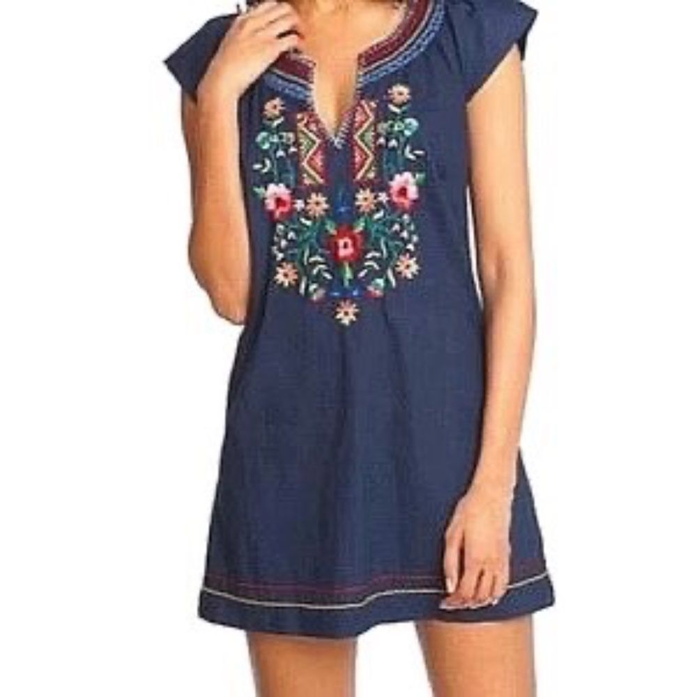 Lucky Brand Navy Embroidered Linen/Cotton Shift Dress Sz M